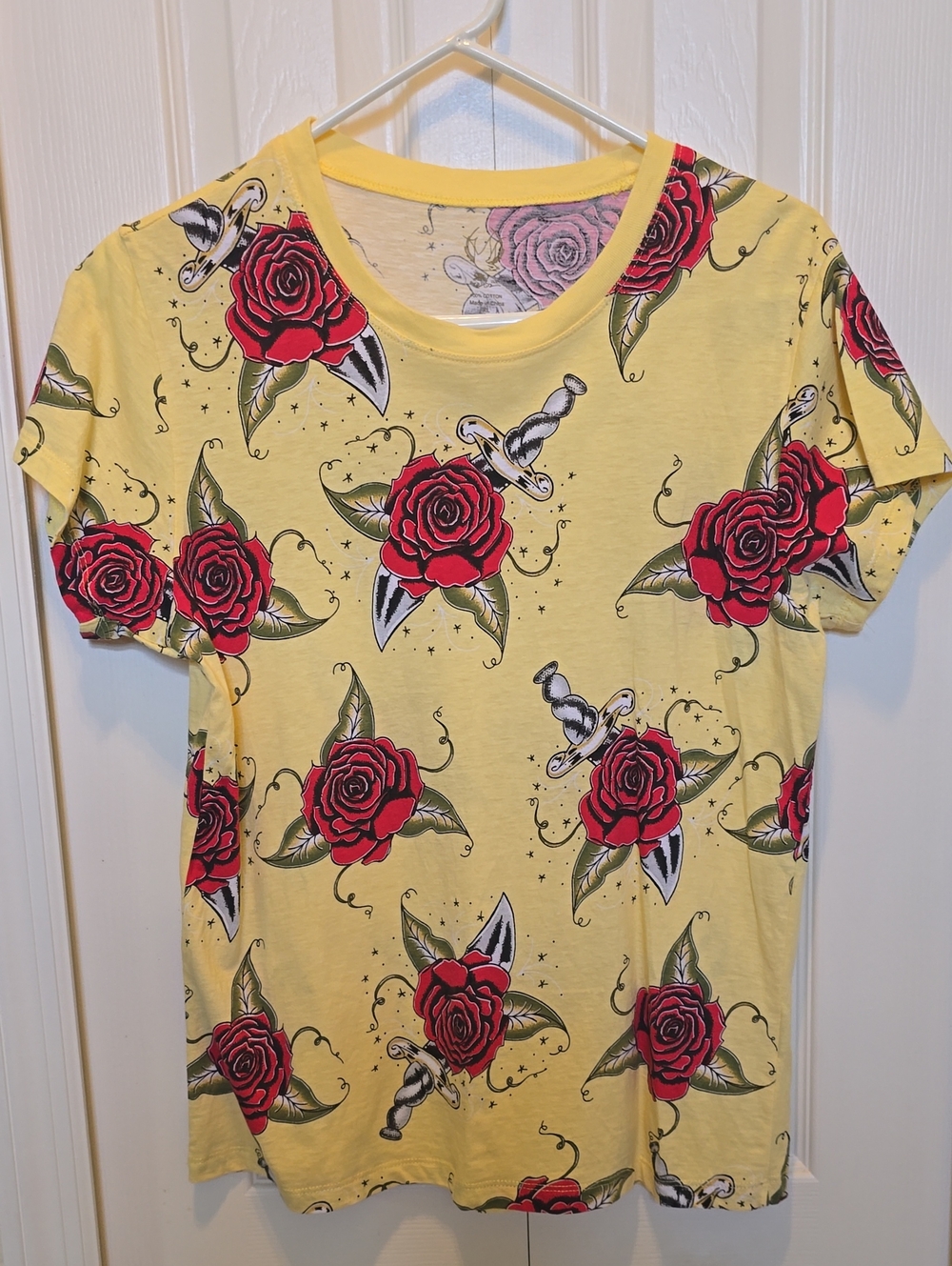 Yellow Tee with Red Rose & Dagger Print